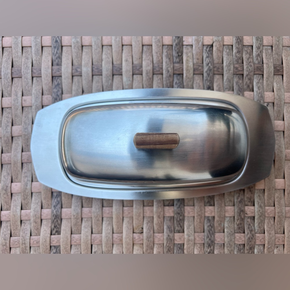 Vintage Monarch Japan Stainless Steel Butter Dish with Wood Handle - Mid Century